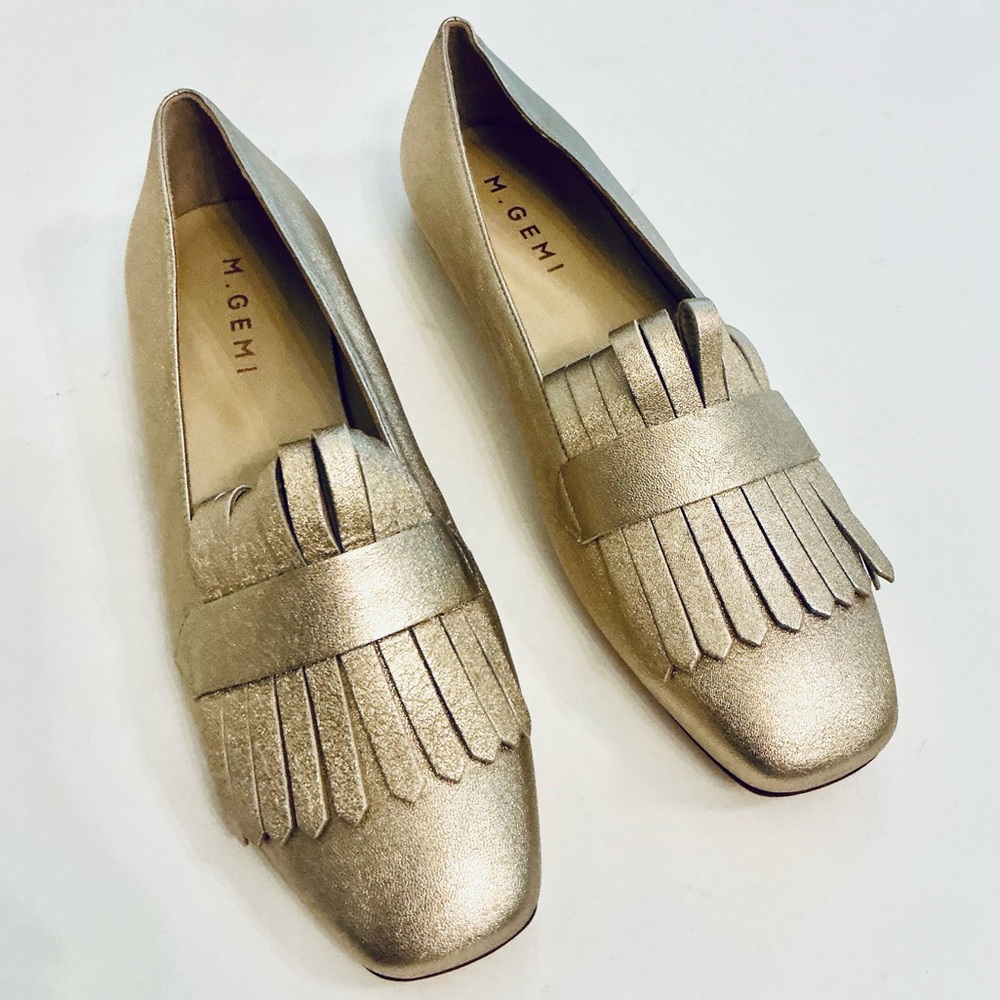 M. GEMI, Fato Gold Leather Kiltie Fringe Loafers, Size 39, NWOB